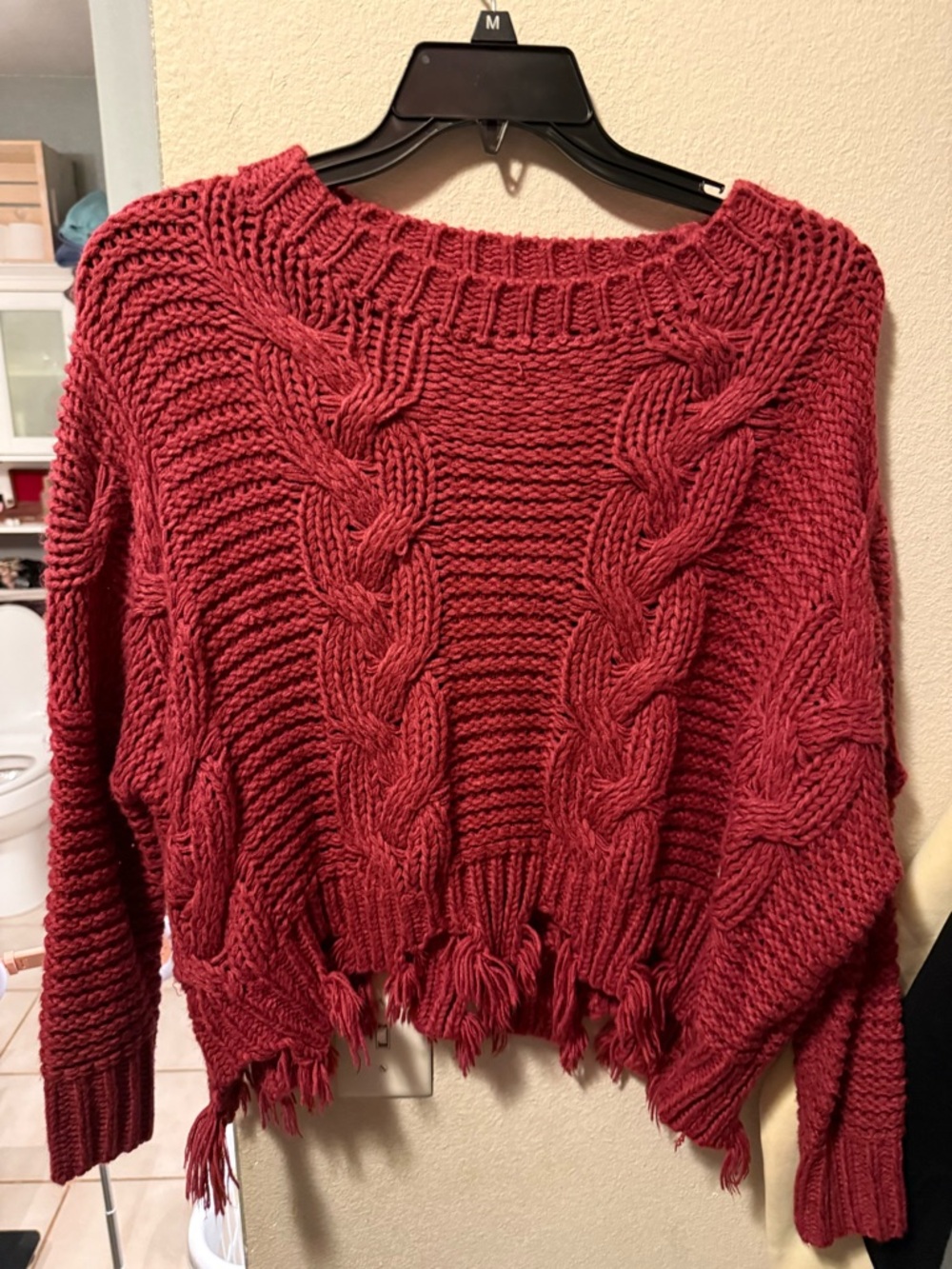 She + Sky Red Cable Knit Fringe Crewneck Sweater